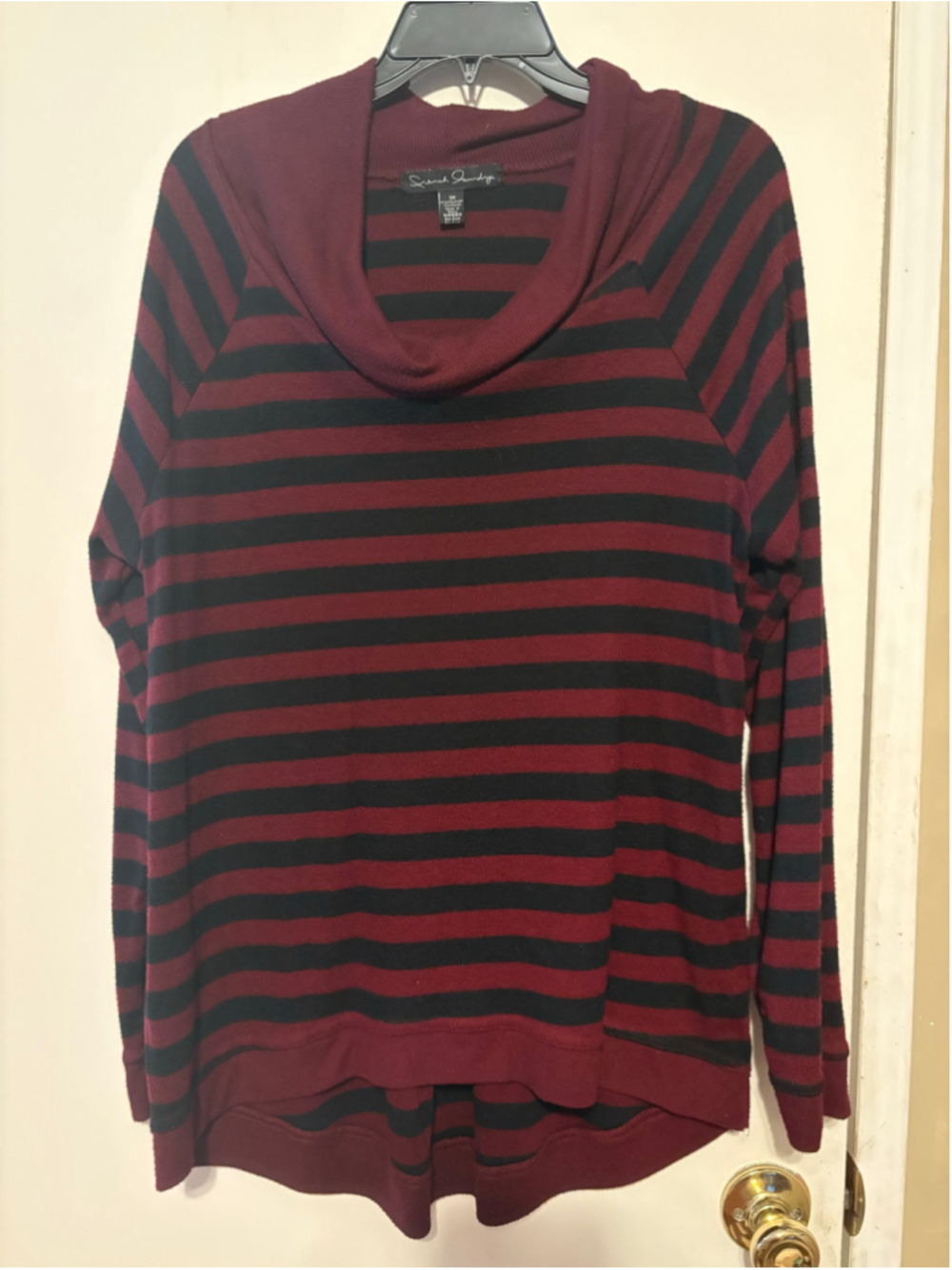Women's French Laundry Cowl Neck Sweater 1X Burgundy Black Striped